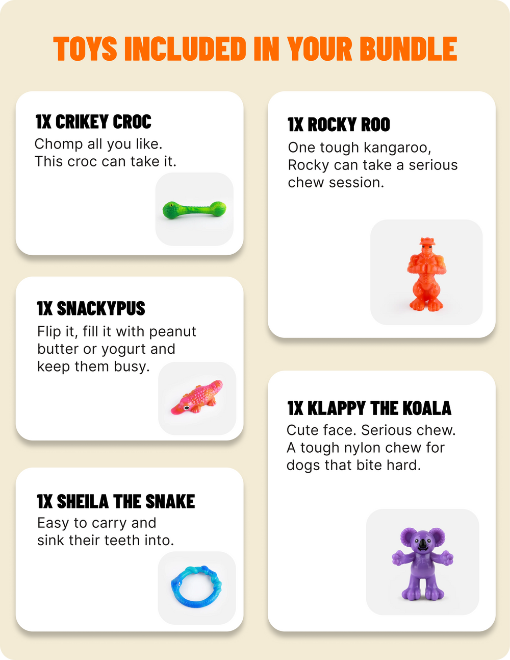Toys included in your Chewzilla Aussie Outback bundle