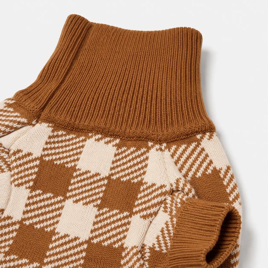 Close-up of the dog sweater’s ribbed turtleneck and arm opening