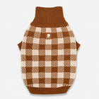 Brown and cream plaid cotton dog sweater, front view